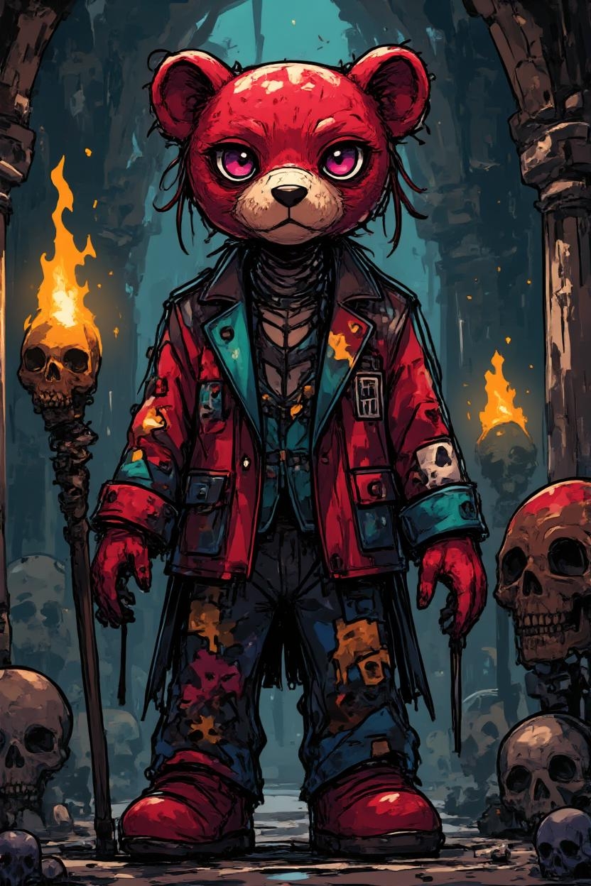 <lora:Simple_Anime_Style_Flux-000012.safetensors:1> FFSAS
In the heart of a dimly lit, ancient chamber, a figure stands that defies the mundane. A teddy bear, no longer innocent, has been transformed into a spectral, gothic masterpiece. Standing about as tall as a grown adult, this creature is sculpted from a deep, blood-red resin that gleams with a polished, reflective surface. The material captures the ambient light, casting intricate shadows that dance across its form.
Its vest, once a patchwork of pastel hues, now features rich, swirling patterns in a deep, jewel-toned palette. The stripes are no longer horizontal but spiral around the bear's body, each one a blend of dark red, midnight blue, and emerald green. The patches are adorned with intricate, flowing tendrils and arcane symbols, creating a harmonious yet chaotic design that seems to move and shift in the dim light.
The bear's large ears, highlighted with a subtle pink and orange, now have a macabre edge, their insides adorned with delicate, swirling patterns that echo the designs on its vest. Its face, once simple and sweet, now bears a haunting elegance. The pink eyes, nose, and ear stitches are now deep, shaded details that capture the light in a liquid-like manner, giving the impression of a dark, ethereal presence.
The background remains a stark white, but the light is softer, casting deep shadows that accentuate the bear's textured, reflective surface. The interplay of light and shadow creates a sense of depth and glossiness, immersing the viewer in a world of dark ritualistic sophistication. The scene is both otherworldly and gothic, a blend of macabre beauty and rich, tactile intensity.