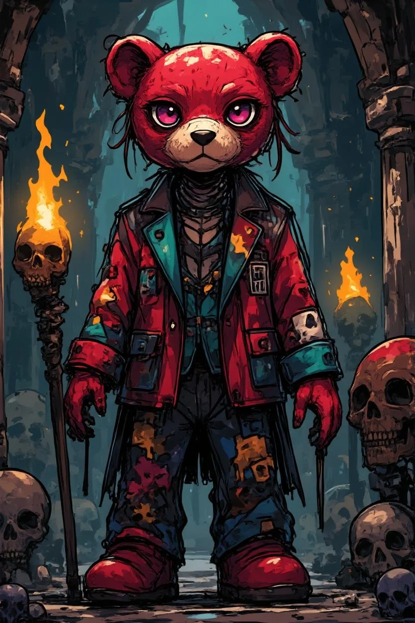 <lora:Simple_Anime_Style_Flux-000012.safetensors:1> FFSAS
In the heart of a dimly lit, ancient chamber, a figure stands that defies the mundane. A teddy bear, no longer innocent, has been transformed into a spectral, gothic masterpiece. Standing about as tall as a grown adult, this creature is sculpted from a deep, blood-red resin that gleams with a polished, reflective surface. The material captures the ambient light, casting intricate shadows that dance across its form.
Its vest, once a patchwork of pastel hues, now features rich, swirling patterns in a deep, jewel-toned palette. The stripes are no longer horizontal but spiral around the bear's body, each one a blend of dark red, midnight blue, and emerald green. The patches are adorned with intricate, flowing tendrils and arcane symbols, creating a harmonious yet chaotic design that seems to move and shift in the dim light.
The bear's large ears, highlighted with a subtle pink and orange, now have a macabre edge, their insides adorned with delicate, swirling patterns that echo the designs on its vest. Its face, once simple and sweet, now bears a haunting elegance. The pink eyes, nose, and ear stitches are now deep, shaded details that capture the light in a liquid-like manner, giving the impression of a dark, ethereal presence.
The background remains a stark white, but the light is softer, casting deep shadows that accentuate the bear's textured, reflective surface. The interplay of light and shadow creates a sense of depth and glossiness, immersing the viewer in a world of dark ritualistic sophistication. The scene is both otherworldly and gothic, a blend of macabre beauty and rich, tactile intensity.