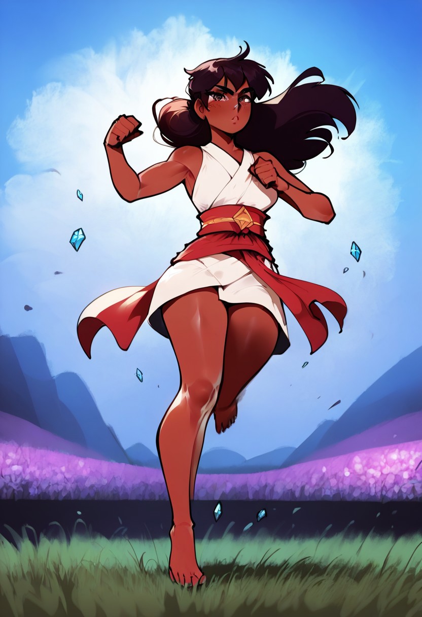 score_9, score_8_up, score_7_up     , masterpiece, 1 girl, solo, beautiful,,Connie99, dark skin, arabic girl, dark brown hair, high ponytail, fight pose, violet gy, red sash, diamond field, barefoot, looking at viewer, front view