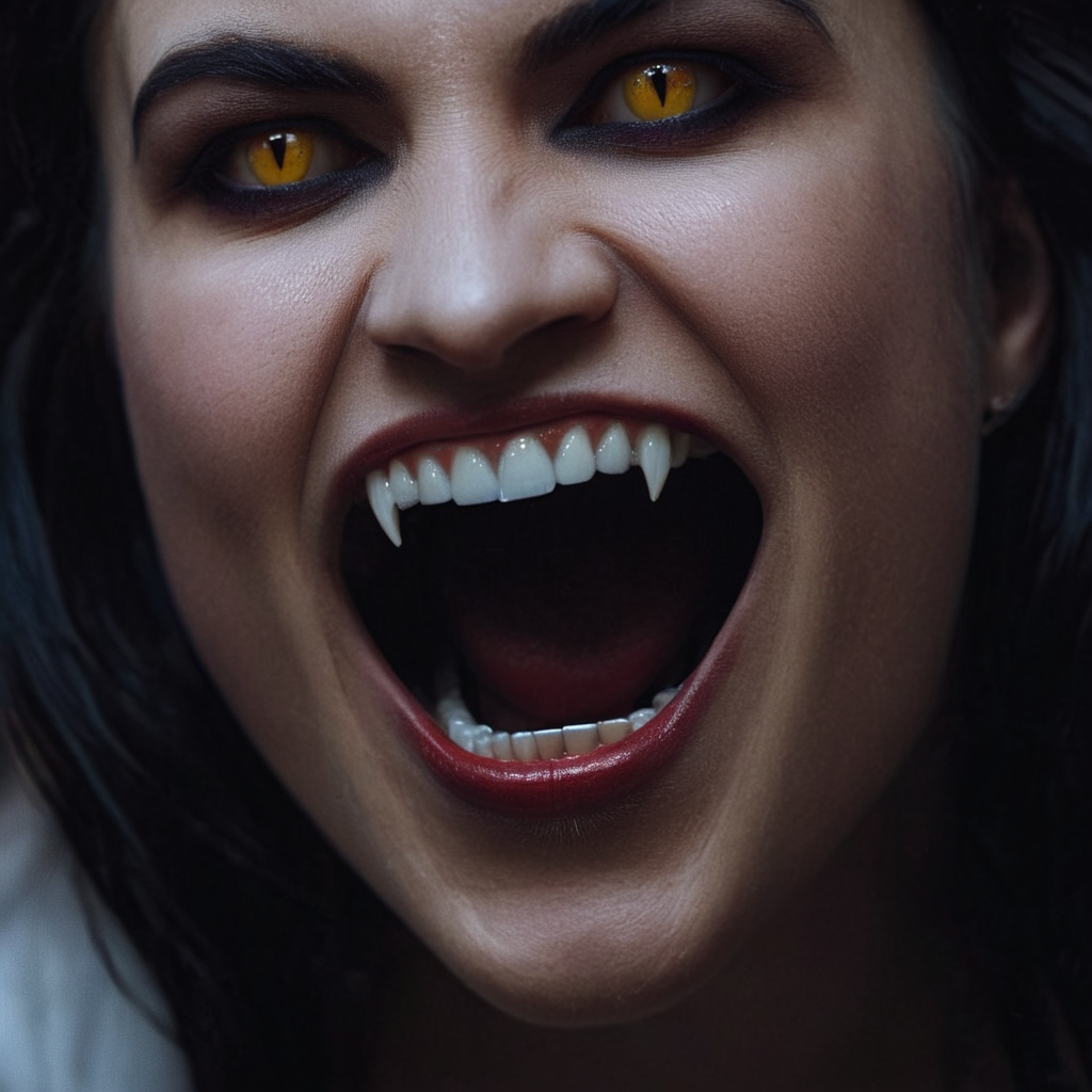 cinematic film still of  <lora:perfection style:0.5> perfection style
 <lora:fang:0.8>
thin vampire fangs teeth a woman with her mouth open and a toothy grin on her face, scary, thriller, horror style, gothic movie themed, sharp, detailed, epic cinematic photography, artistic, creative, dramatic light, cinematic color style, Kodak film style, vampire fangs teeth style, vampire teeth style, vampire fangs style, 1girl, solo, looking at viewer, open mouth, black hair, jewelry, yellow eyes, earrings, teeth, tongue, blurry, blurry background, portrait, close-up, realistic, makeup, fangs, parody, sharp thin teeth, closeup, glowing yellow eyes, shallow depth of field, vignette, highly detailed, high budget, bokeh, cinemascope, moody, epic, gorgeous, film grain, grainy