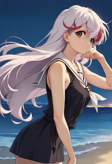 score_9,score_8_up,score_7_up,aikawa_akane, 1girl, solo, long hair, streaked hair, multicolored hair, white hair, red hair, brown eyes, breasts akane_casual, sleeveless, sailor dress, black dress, sailor collar, from side, looking at you, sea, night,