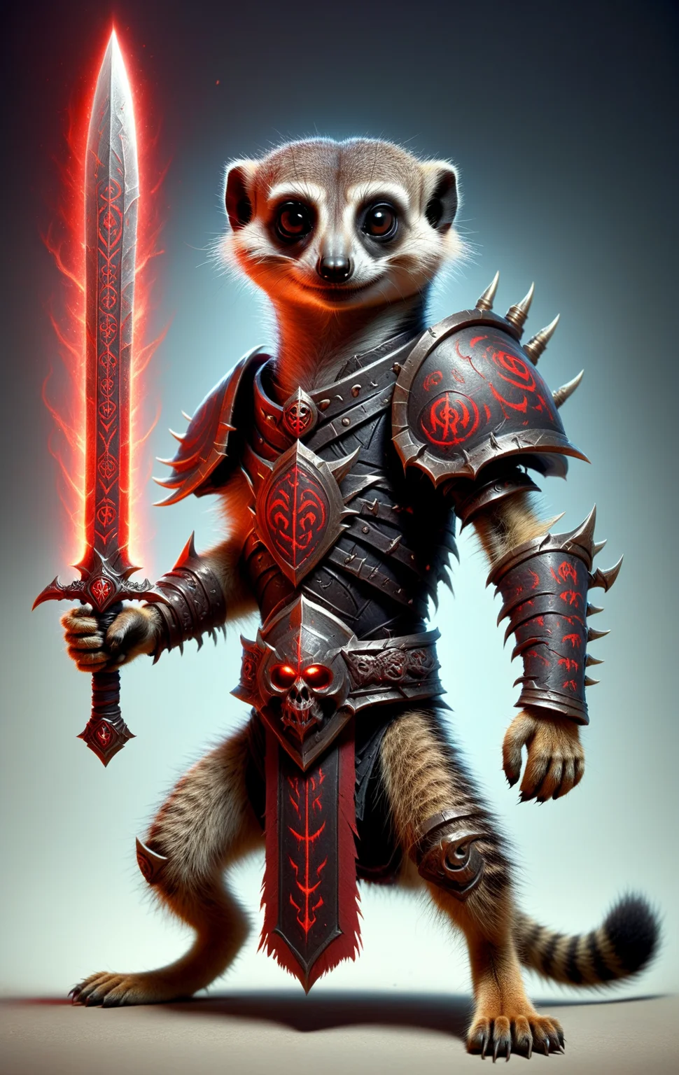 meerkat, death knight, DonMD34thKn1gh7XL wielding runeblade, red glowing runes, two handed sword, dual wielding <lora:DonMD34thKn1gh7XL-v1.1-000010:0.8>