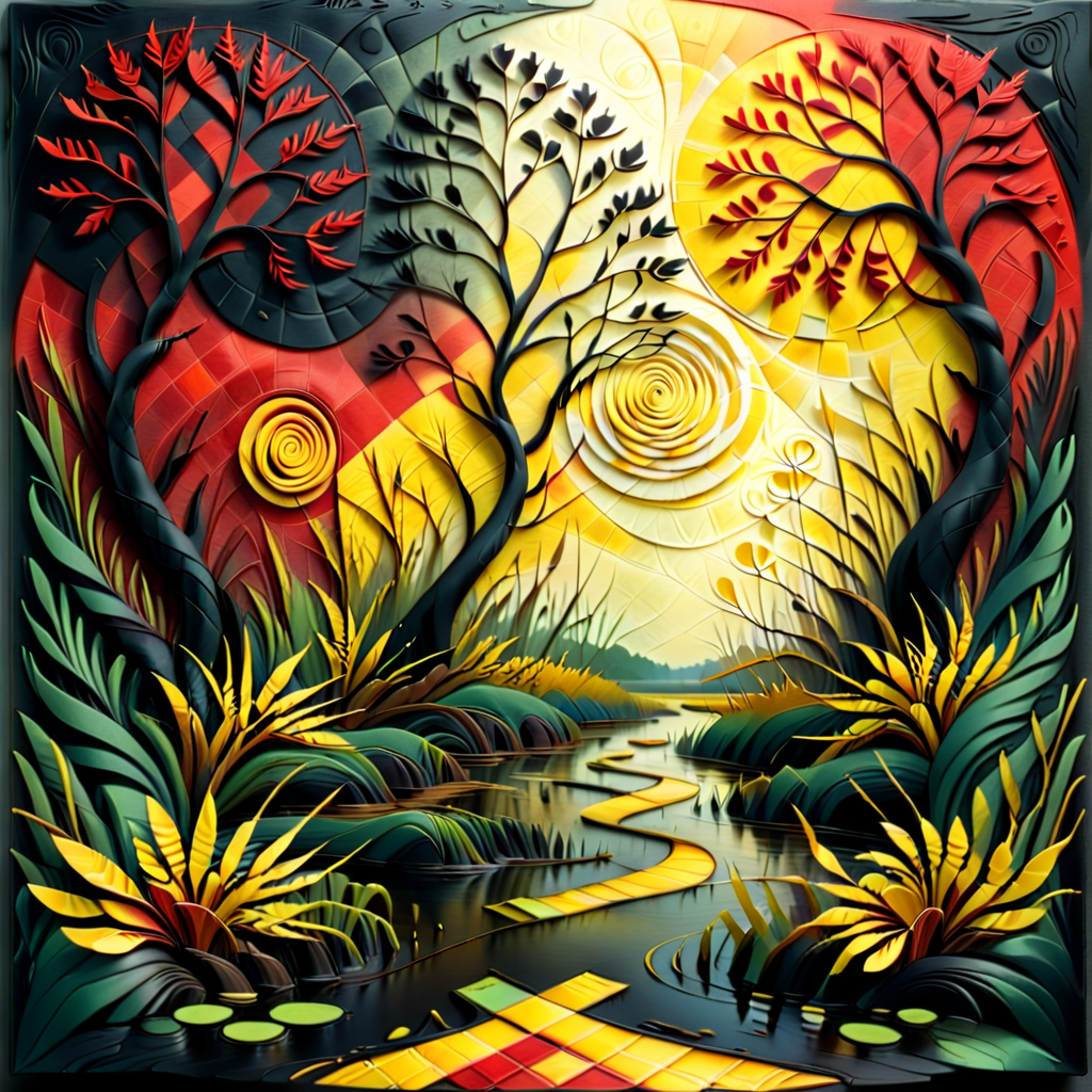 geometric nature print, wetlands, spirals, digital paint, flannel, cubism style, Branching Patterns, red, yellow, and black, plaid pattern, gradient effect, patina accents, dynamic, micro-textured texture, patina finish <lora:artfully_DEPTHMAP:0.8>,  depth map, in the style of carved relief, embossing, encaustic, papercraft,