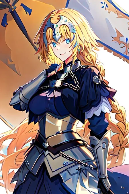 solo, 1girl, solo_focus,
jeanne_d_arc_fgo, blonde_hair, long_hair, blue_eyes, breasts, very_long_hair, headpiece, smile, braid, gauntlets, single_braid, large_breasts, bangs, chain
