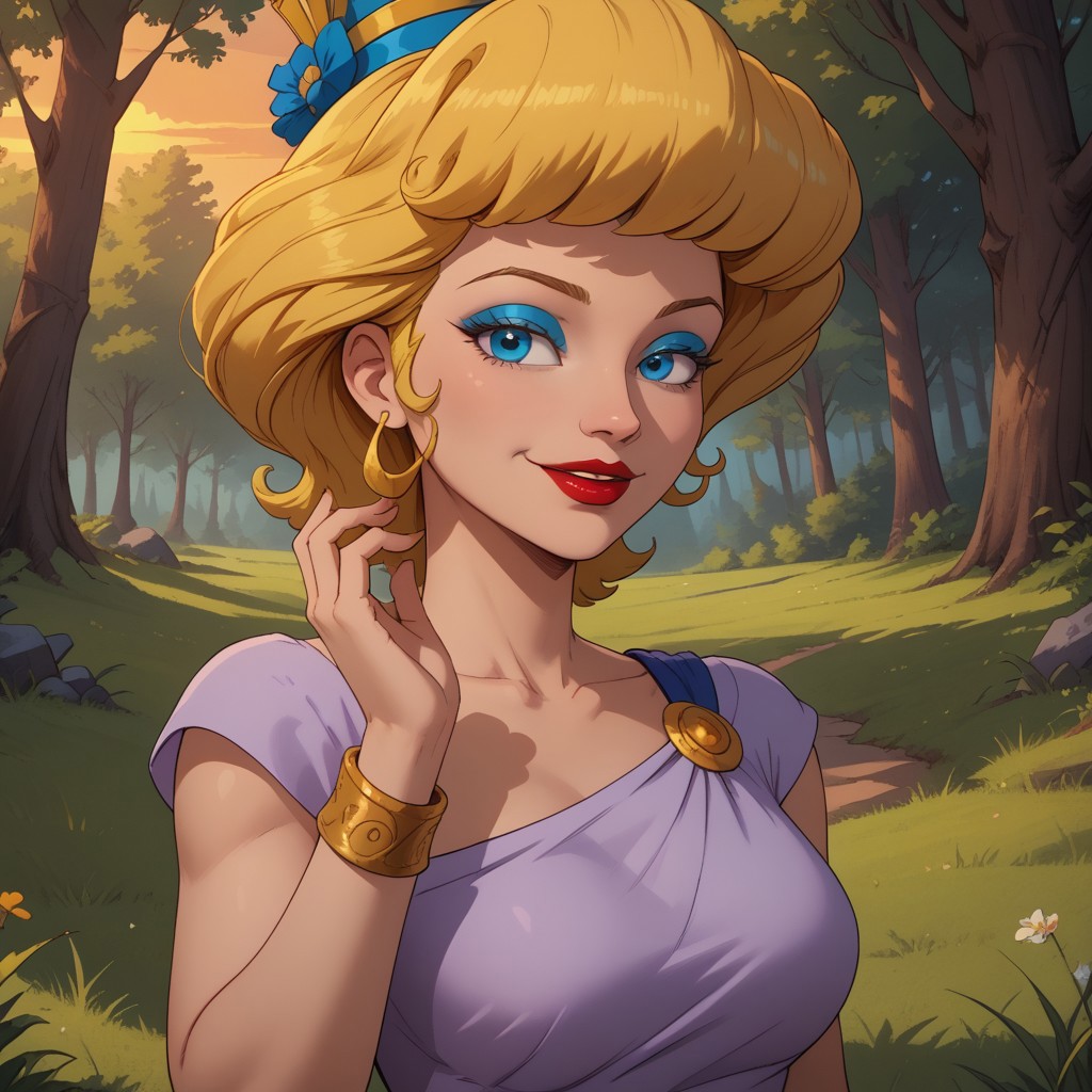score_9, score_8, BREAK, solo, blonde hair, princess hat, blue eyes, blue eyeshadow, makeup, red lips, lipstick, wristwear, light purple dress, dark blue long skirt, sandals, Helen_of_Troy_(Hercules), sexy pose, self portrait, smile, outdoors, sunlight, shadows, evening lighting, natural lighting, forest, trees, grass, orange sky, sunset