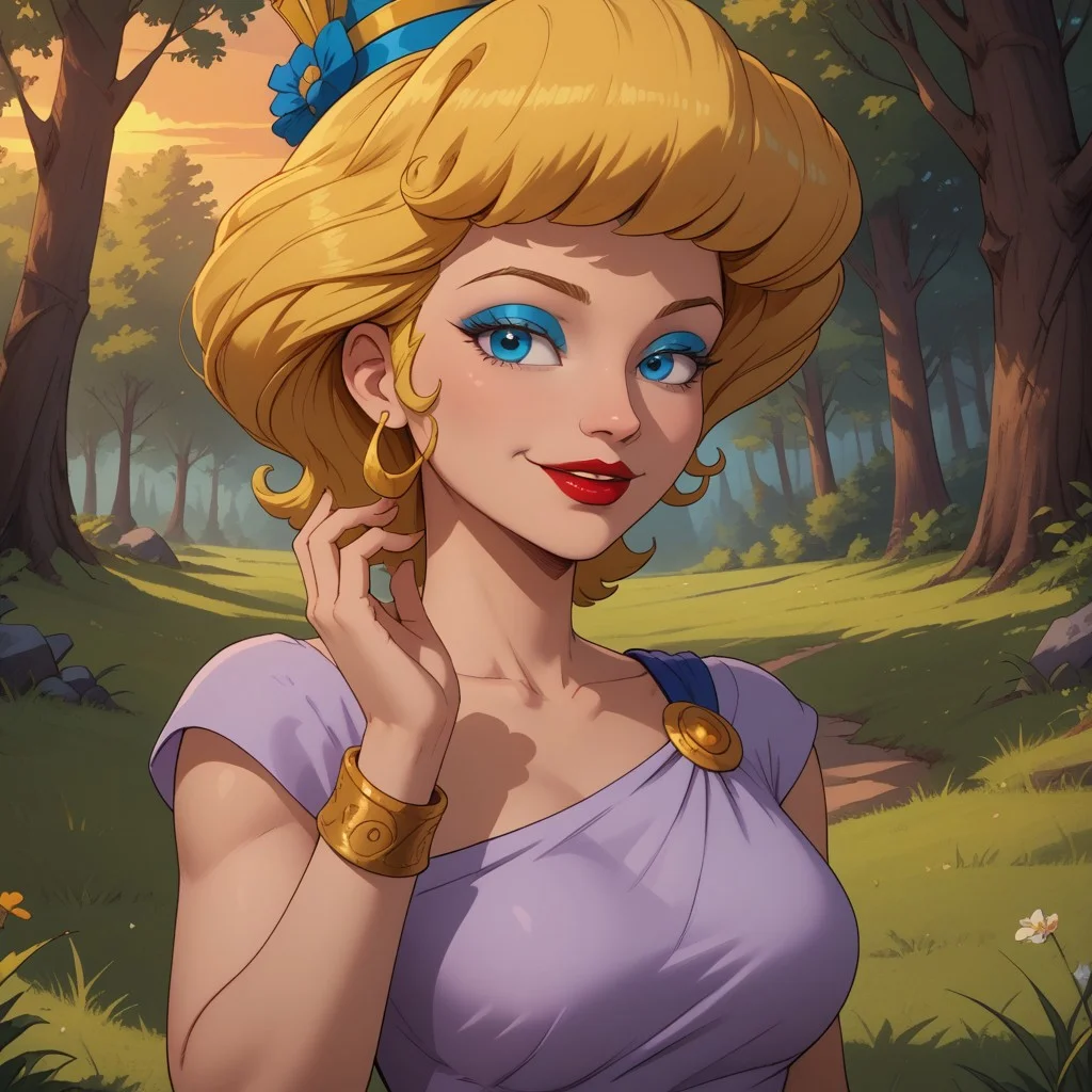score_9, score_8, BREAK, solo, blonde hair, princess hat, blue eyes, blue eyeshadow, makeup, red lips, lipstick, wristwear, light purple dress, dark blue long skirt, sandals, Helen_of_Troy_(Hercules), sexy pose, self portrait, smile, outdoors, sunlight, shadows, evening lighting, natural lighting, forest, trees, grass, orange sky, sunset