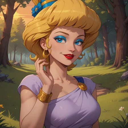 score_9, score_8, BREAK, solo, blonde hair, princess hat, blue eyes, blue eyeshadow, makeup, red lips, lipstick, wristwear, light purple dress, dark blue long skirt, sandals, Helen_of_Troy_(Hercules), sexy pose, self portrait, smile, outdoors, sunlight, shadows, evening lighting, natural lighting, forest, trees, grass, orange sky, sunset