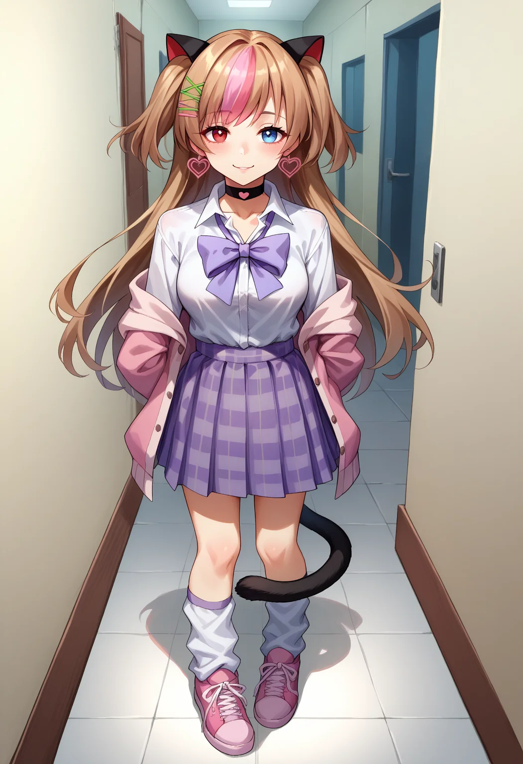 score_9,score_8_up,score_7_up,detailed,1girl,jelomk23tcsa,solo,medium breasts,hallway,arms behind back,full body,light brown hair,streaked hair,pink hair,fake animal ears,two side up,long hair,x hair ornament,hairclip,red eyes,heterochromia,blue eyes,heart earrings,heart choker,black choker,collared shirt,white shirt,purple bowtie,pink cardigan,off shoulder,long sleeves,plaid skirt,purple skirt,loose socks,white socks,pink sneakers,cat tail,looking at viewer,seductive smile,blush,<lora:MK23-JeloXL-000008:1>,