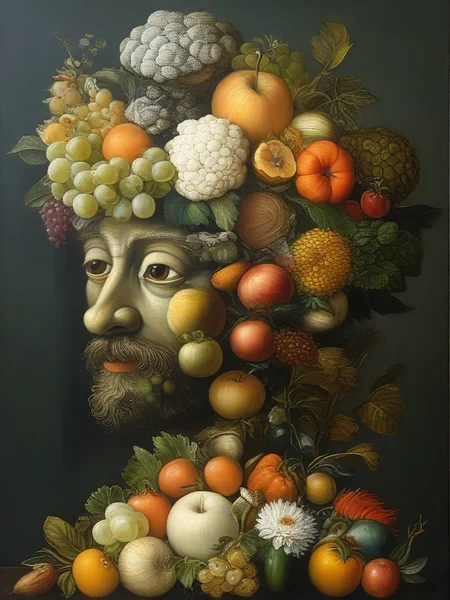 masterpiece,best quality,oil painting,illustration,cat,style of Giuseppe Arcimboldo,fruits,vegetables,flowers,fish and books,<lora:tbh108-sdxl:0.9>,