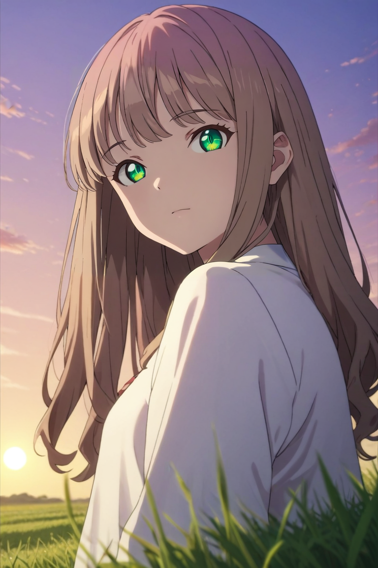 score_9, score_8_up, score_7_up, source_anime, rating_safe, , , looking at viewer, , 1girl, solo, <lora:yume_minami_pony:0.84>, yume_minami, brown hair, green eyes, long hair, bangs, wide angle, wide shot, cowboy shot, field, dusk, arm support, heart eyes, , <lora:sdxl_lightning_8step_lora:1>