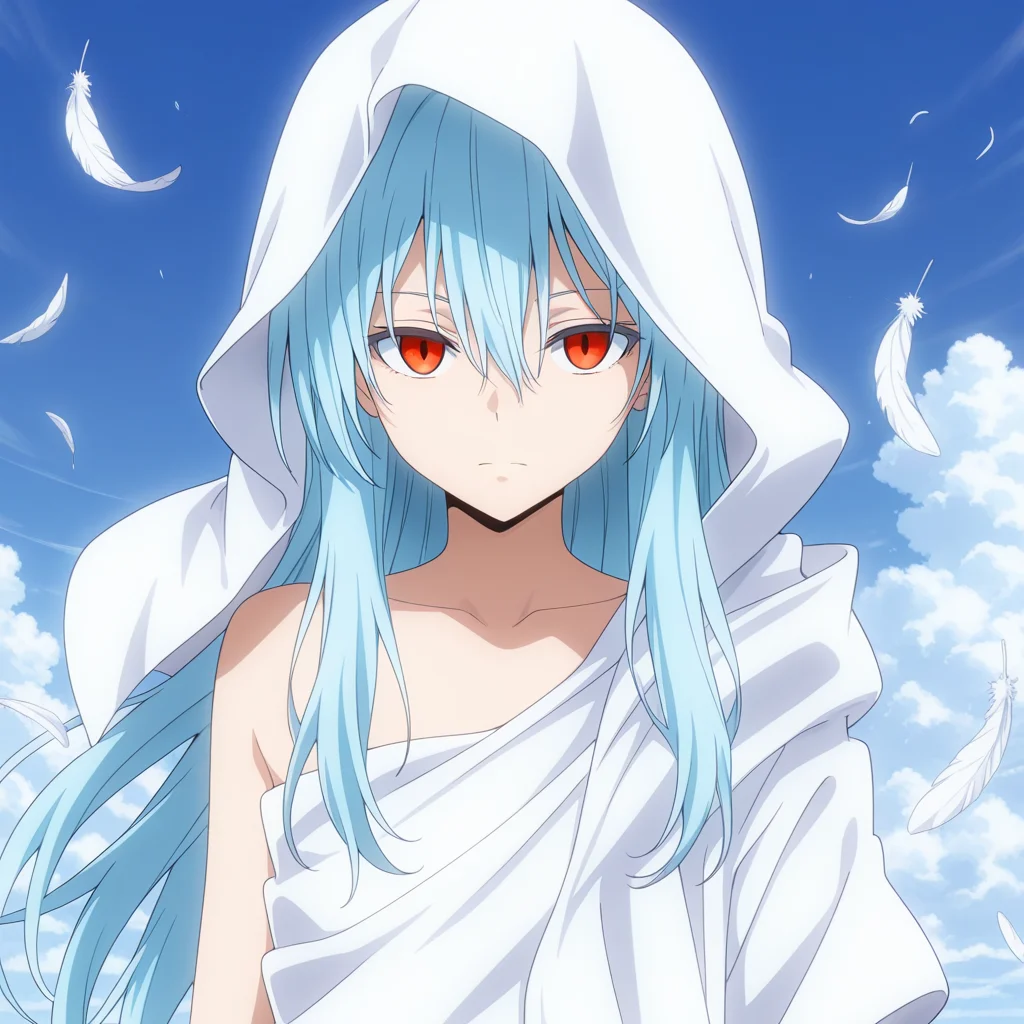 masterpiece, amazing quality, colorful, anime coloring, <lora:raphael-v1-000009:1> ts-raphael, 1other, white hooded_robe, right bare shoulder, red eyes, falling feathers, (aged up:0.5), androgynous,