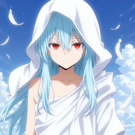 masterpiece, amazing quality, colorful, anime coloring, <lora:raphael-v1-000009:1> ts-raphael, 1other, white hooded_robe, right bare shoulder, red eyes, falling feathers, (aged up:0.5), androgynous,