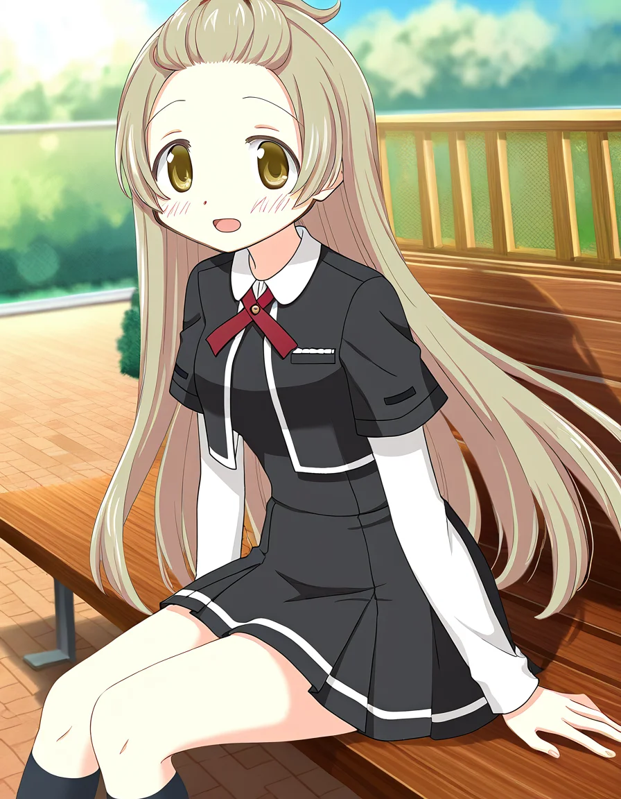 masterpiece, best quality, newest, absurdres, highres, safe, 1girl, azumi hagumu \(school uniform\), magia record: mahou shoujo madoka magica gaiden, black school uniform, solo, sitting, open mouth, outdoors, dutch angle, <lora:azumi_hagumu_noobaiXLNAIXL_vPred10Version:0.7>