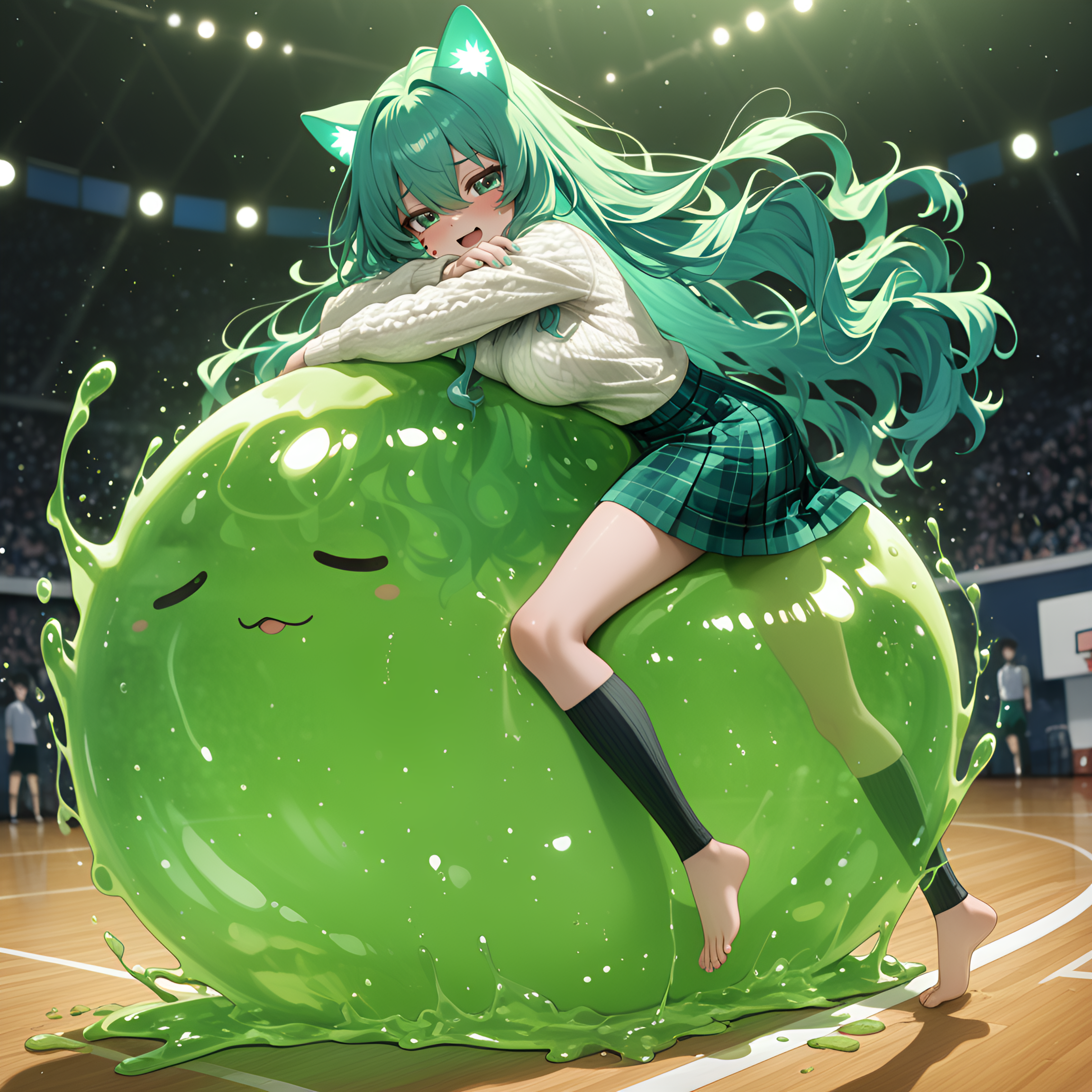ambient occlusion, Wavy hair, Sunny/Clear, barefoot, 2boys, Mint teal hair, Bokeh, motion_lines:1.1, glow, slime_(creature), cat_ears, motion_blur:1.1, newest, a star formation emerges, kind_smile, absolutely eye-catching, 8K, hanging breasts, tan skin, depth of field, ephemeral, masterpiece, Lime Green Theme, night, absurdres, Public basketball court backboard detail., medium breasts, best quality, 1girl, Tartan pinafore dress, nail_polish, very long hair, RTX, fluids everywhere., very aesthetic, each person pleasuring multiple partners, white blouse, tattoos, Taiga Aisaka (Toradora!), During an orgy, Action shot, ultra-detailed, amazing quality, anime character, cable knit knee-high socks