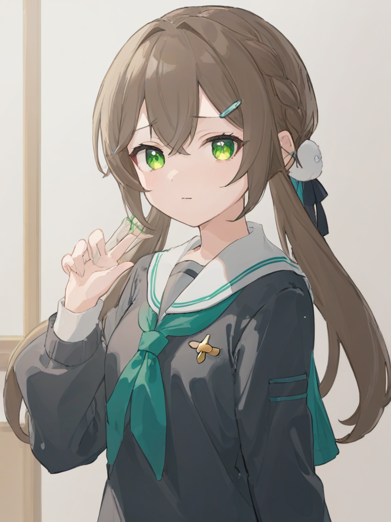 <lora:XL_qingque girl2:1>,qingque girl,green eyes,brown hair,cascadelle\(hairstyle)\,school uniform,
