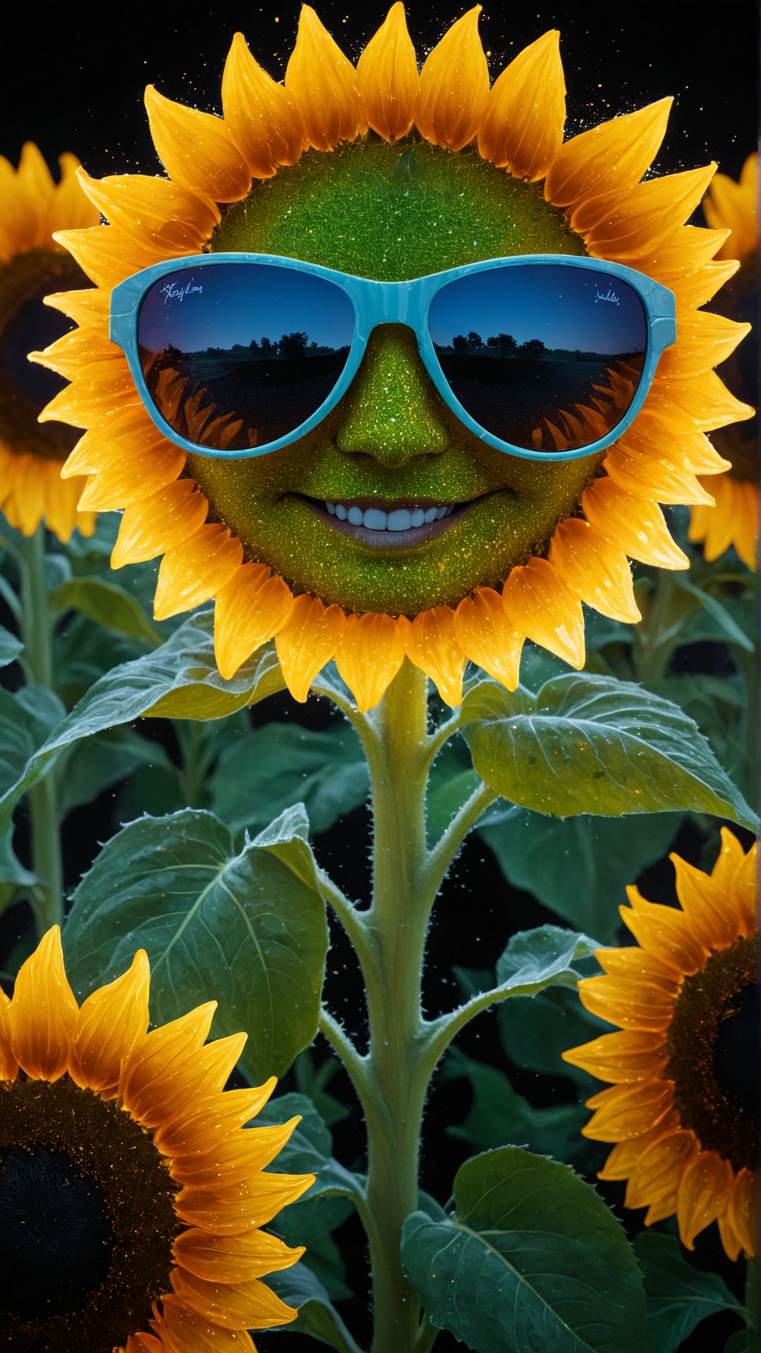 An abstract painting of a glowing sunflower field, with each flower wearing glowing sunglasses and smiling. zavy-flrscnc, fluorescent, fluorescent dust, fluorescent spraypaint, glowing dust, sss translucent subsurface scattering
glow, glowing
(masterpiece, award winning artwork)
many details, extreme detailed, full of details,
<lora:zavy-flrscnc-sdxl:0.75> 
 <lora:sss:0.8> sss translucent subsurface scattering
