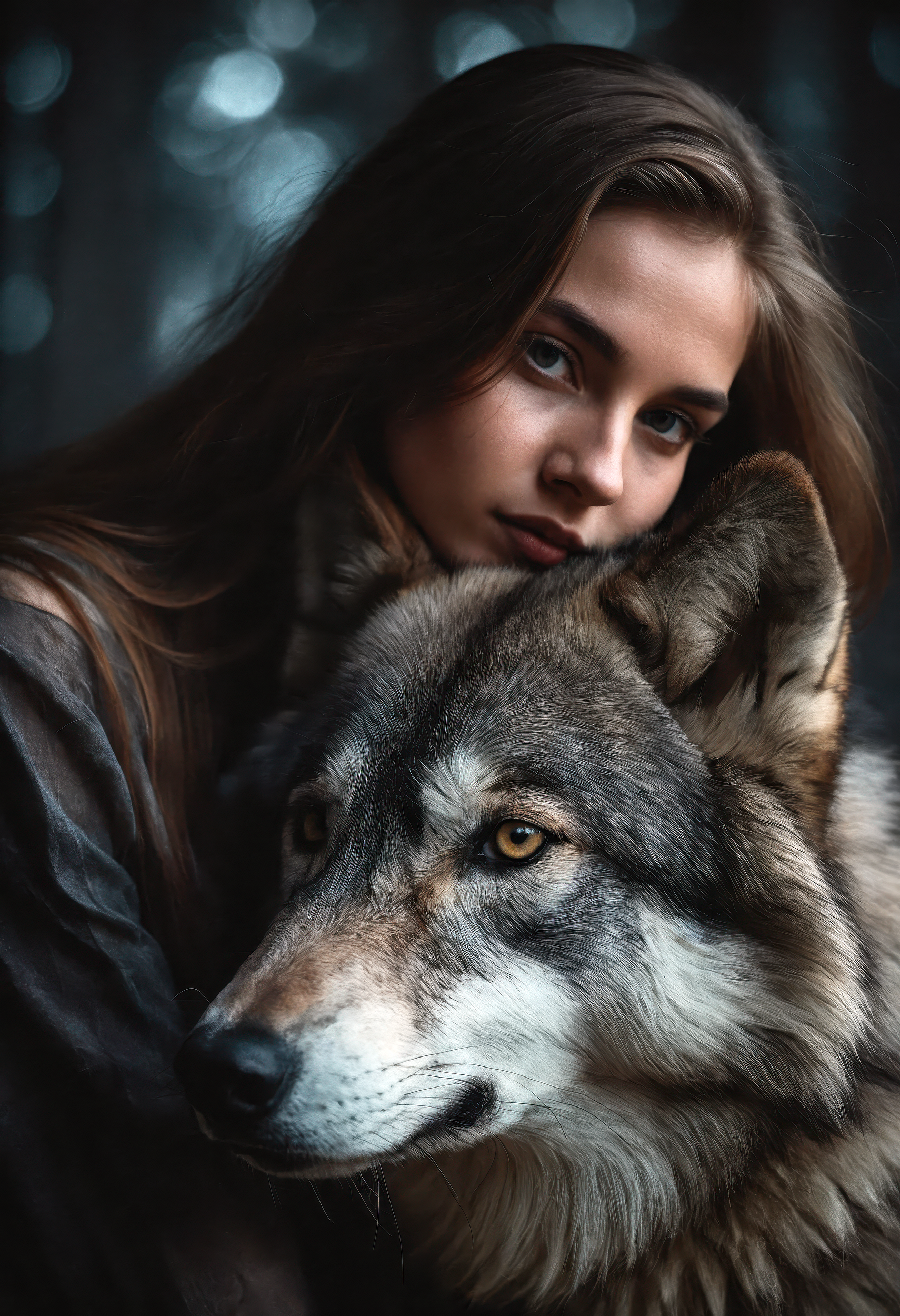 hyper-realistic portrait of a young model with a majestic wolf beside her, highly detailed facial features, textured fur, (ethereal luminoscope style), dramatic cinematic lighting with dark and faded color tones, limited dark palette with unusual hues, atmospheric haze, film grain texture, motion blur in background, immersive masterpiece composition, ultimate level of detail, professional clarity, emotional and powerful connection, soft shadows and glowing highlights, haunting and dreamlike ambiance