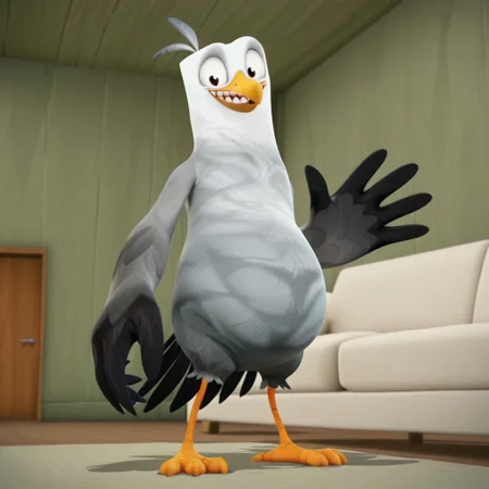1boy, male, Gull, seagull, white head feathers, grey belly feathers, dark grey arms, black hand feathers, large hands, feathered hands, feathered fingers. small legs, orange legs, webbed feet, black tail feathers, large body, round belly, orange beak, teeth, big eyes, 3 feathers on head, white sclera, dark brown pupils, big eyes, square head, smile, looking at viewer, (masterwork, masterpiece), indoors, living room, couch, detailed background, DOF, 3D, half portrait, posing, closed mouth, waving