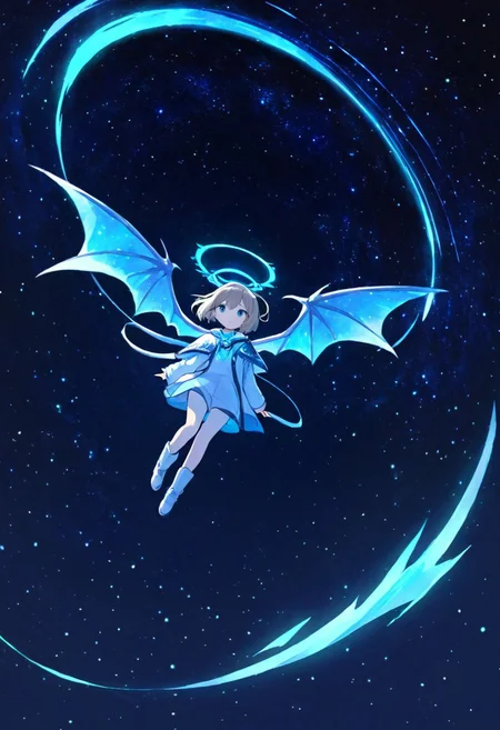 score_9, score_8_up, score_7_up, score_6_up, night, starry sky, petite girl, young girl, aged down, flying, looking at viewer, dragon wings, blue neon halo, SyFyEye1, full body