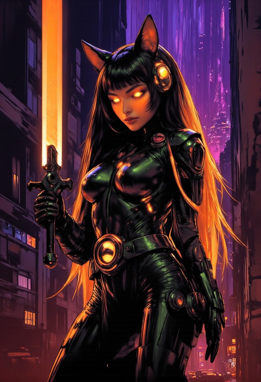 comic style, Female cyborg knight with loose black hair with orange fade in power armor, holding a glowing sword, glowing-neon-trim, cyberpunk, portrait, glowing slit-pupil eyes, razr kitty style mechanical cat-ear headphones, cybernetic limbs, cyberpunk neon city background, rain, detail,