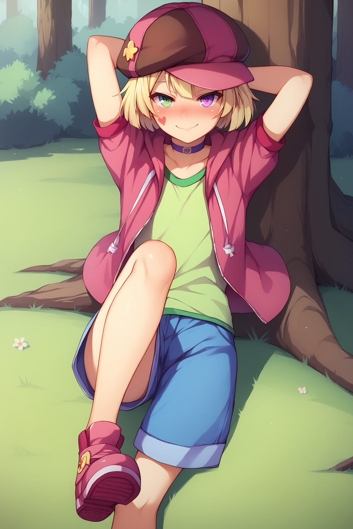 score_9, score_8_up, score_7_up, score_6_up, BREAK, TetNGNLPXL, facial mark, green eyes, (purple eye), multicolored eyes, heterochromia, blonde hair, short hair, bob cut, bangs, pink hat, flat chest, purple choker, pink jacket, open jacket, green shirt, blue shorts, pink shoes, solo, full body, (lying on grass), on back, arms behind head, seductive smile, looking at viewer, naughty face, nose blush, forest, tree  <lora:TetNGNLPXL:0.8>