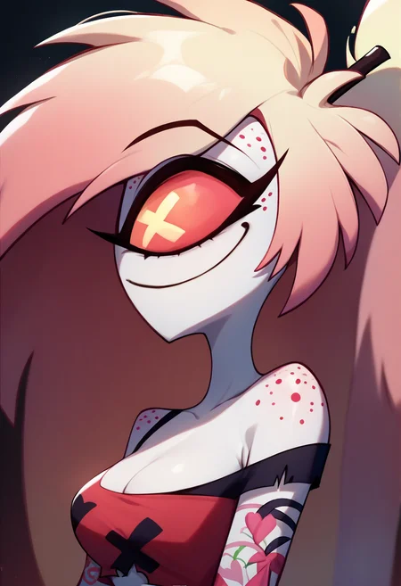 <lora:hazbin_hotel_ponyxl_v1:1>, cherri, looking to the side, smile, closed mouth, upper body, from side, seductive smile, solo, pink top, cleavage, bare shoulders, pink gloves, single elbow glove, black bra strap
BREAK
score_9, score_8_up, score_7_up, score_6_up