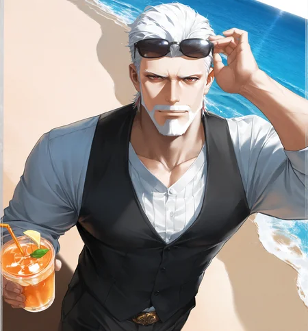 realistic shading,expressive face,looking at viewer,1boy,beard,white hair,facial hair,beard,mature male,mustache,short hair,red eyes,<lora:MORIIIL:0.7>,old,aged up,manly,dynamic angle,masterpiece,best quality,dynamic angle,intricately detailed illustration,masterpiece,best quality,amazing quality,very aesthetic,absurdres,newest,beach,ocean,black vest,sikin tight,pantyhose,eyewear on head,drink,sunlight,, score _9,score_8_up, score_7_up,source_anime,rating_explicit,