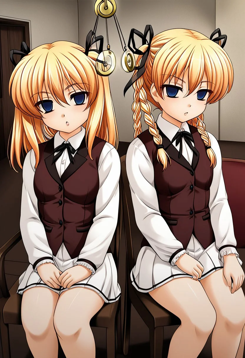 Itsuki and Imi being hypnotized,
score_9, anime, 2girls, lewd, smooth,
mind control, hypnosis, hypnotic pendulum, (looking at pendulum), pendulum hanging from center, empty eyes,
side by side, (shoulder to shoulder), sitting, couch, sl0uch1ng, slouching,
Itsuki&Imi, blonde hair, twins, siblings, blue eyes, twintails, braid, ribbon, sisters, twin braids, hair ribbon, long hair, chair, short stack,