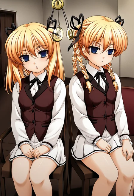 Itsuki and Imi being hypnotized,
score_9, anime, 2girls, lewd, smooth,
mind control, hypnosis, hypnotic pendulum, (looking at pendulum), pendulum hanging from center, empty eyes,
side by side, (shoulder to shoulder), sitting, couch, sl0uch1ng, slouching,
Itsuki&Imi, blonde hair, twins, siblings, blue eyes, twintails, braid, ribbon, sisters, twin braids, hair ribbon, long hair, chair, short stack,