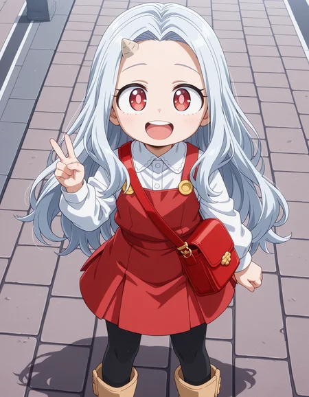 ultra-detailed, ultra-detailed eyes, ultra-detailed fingers, ultra-detailed hands, anime screencap, anime coloring, round face, cute face, cute, adorable, moe, outdoors,
1girl, Eri, child, white hair, long hair, red eyes, light pupils, single horn, red dress, white shirt, long sleeves, black leggings, beige boots, red purse,
v, legs apart, open mouth,
<lora:spo_sdxl_10ep_4k-data_lora_webui_482964:1>, <lora:add-detail-xl:1>, <lora:Eri_-_My_Hero_Academia__Boku_no_Hero_Academia_-_Illustrious:1>,
masterpiece, best quality, amazing quality, very aesthetic, absurdres,