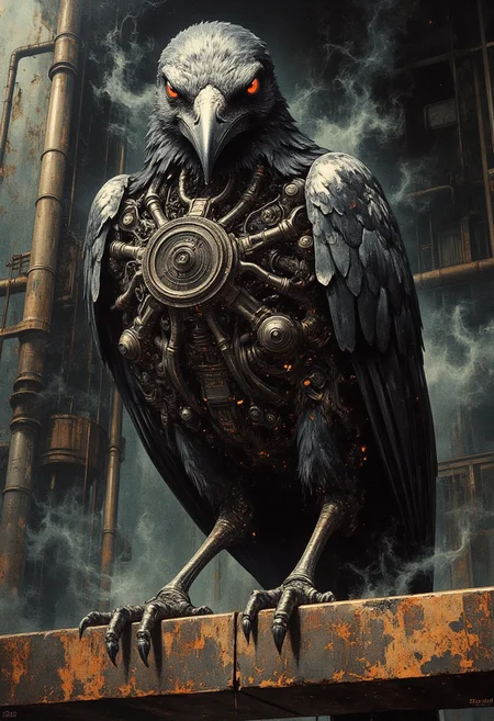 A tense mechanical crow perched on a rusted metal beam, its glowing red eyes locked in an intense stare. The intricate details of its clockwork body shimmer in the dim light, gears turning subtly beneath dark, tarnished plating. Sharp metallic feathers bristle as if ready for action, and its talons dig into the beam, leaving faint scratches. Sparks flicker faintly around its joints, and steam hisses from tiny vents along its wings. The background is shadowy and industrial, with faint hints of smog and glowing pipes, emphasizing the crow's ominous, calculating gaze.