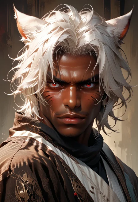 DskMiqo, 1boy, animal ears, cat ears, closed mouth, dark skin, dark-skinned male, facial mark, lips, looking at viewer, male focus, miqo'te, portrait, realistic, red eyes, signature, solo, white hair, BREAK ,score_9, score_8_up, score_7_up, score_6_up, score_5_up, score_4_up,