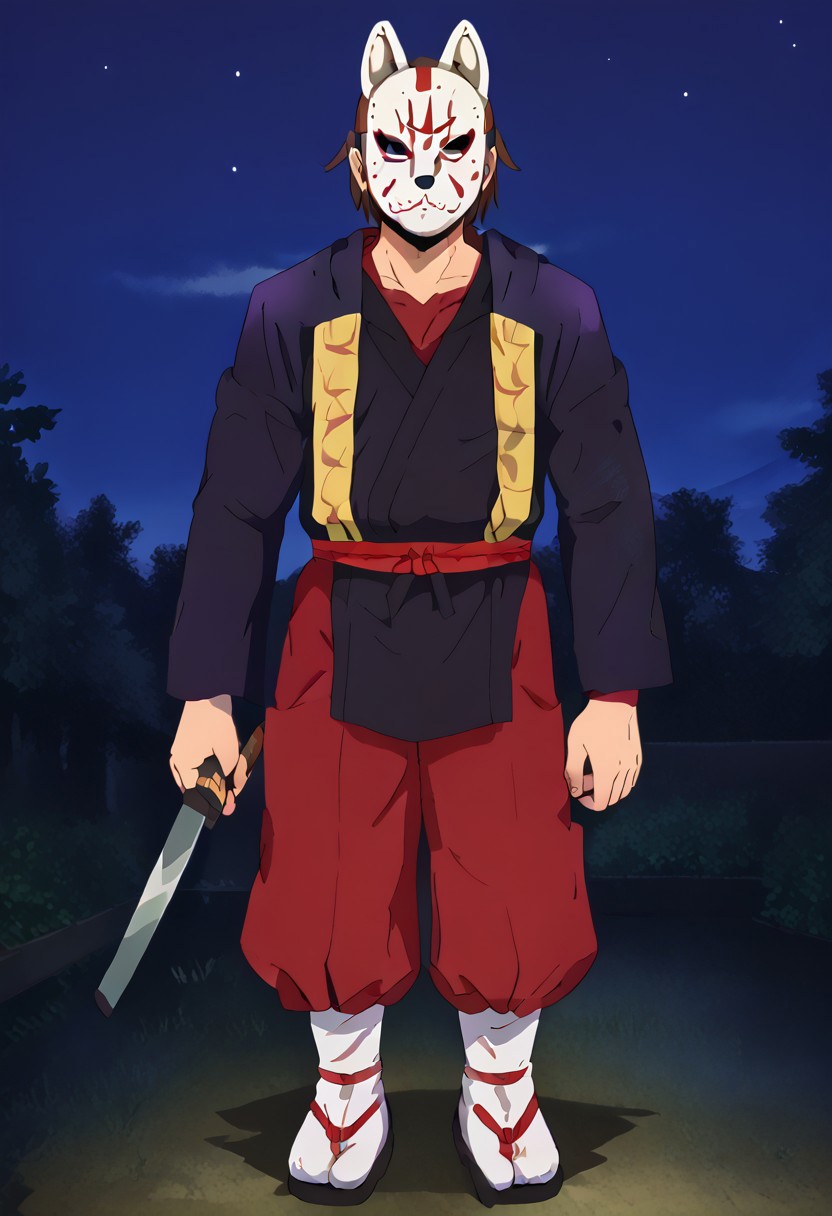 1male, solo, (muscular:1.3), brown hair, (hockey mask, hood, fox_mask, mask on face, wolf mask), male, muscular, portrait, black eyeshadow, red eyes, bara , fully body shot , facing viewers, holding a katana, wearing a fundoshi, location outdoors Japanese grave yard at night,<lora:Jason_Voorhees:0.9>, <lora:Hotcha:1> <lora:add_detail:1>
<lora:fox_mask_v1:1>, green costume, japanese clothes, kimono, simple background, highly rated, high definition, best quality, <lora:WolfMask:1>