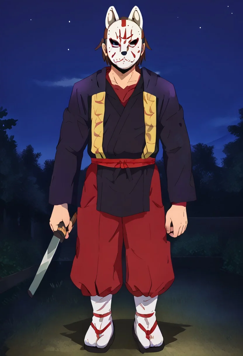 1male, solo, (muscular:1.3), brown hair, (hockey mask, hood, fox_mask, mask on face, wolf mask), male, muscular, portrait, black eyeshadow, red eyes, bara , fully body shot , facing viewers, holding a katana, wearing a fundoshi, location outdoors Japanese grave yard at night,<lora:Jason_Voorhees:0.9>, <lora:Hotcha:1> <lora:add_detail:1>
<lora:fox_mask_v1:1>, green costume, japanese clothes, kimono, simple background, highly rated, high definition, best quality, <lora:WolfMask:1>