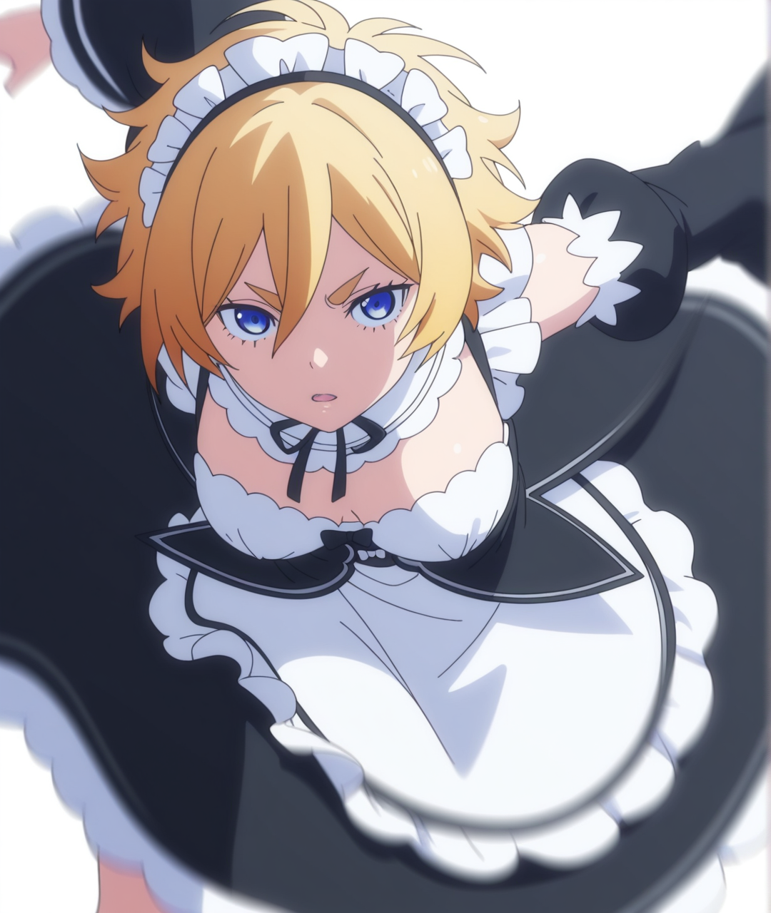 highres, absurdres, hi res, best quality, masterpiece, 2d, intricate details, 4k, anime coloring, elegant, digital painting, highly detailed, artstation, sharp focus, illustration,
1girl, solo, female, eyelashes, nose, short hair, blue eyes, blonde hair, hair between eyes,
breasts, medium breasts,
maid, maid headdress, maid apron, roswaal mansion maid uniform, detached sleeves, detached sleeves, cosplay, maid dress, long dress, 
white background,
motion blur, motion lines, focus blur, depth of field, <lora:Chris_Westland_(Character)_ILXL:1>, kinsou no vermeil,