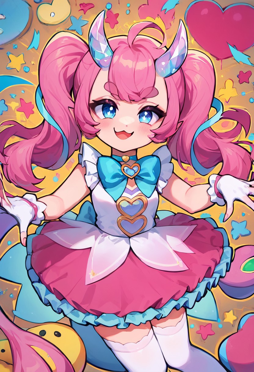 score_9, score_8_up, score_7_up, colorful, masterpiece, perfect face, post processing, slender thighs, skinny, 
circus bedroom background, daytime, looking at viewer, 
Cute pose, dancing, 
smug face, (pastel colors), 
(chibidokidef, light pink hair, bow, thick eyebrows, horns, gloves, tail, pink skirt, white thighhighs, choker, light blue eyes),
1 girl, solo, Expressiveh, AissistV2