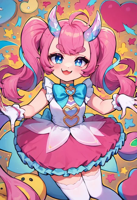 score_9, score_8_up, score_7_up, colorful, masterpiece, perfect face, post processing, slender thighs, skinny,
circus bedroom background, daytime, looking at viewer,
Cute pose, dancing,
smug face, (pastel colors),
(chibidokidef, light pink hair, bow, thick eyebrows, horns, gloves, tail, pink skirt, white thighhighs, choker, light blue eyes),
1 girl, solo, Expressiveh, AissistV2