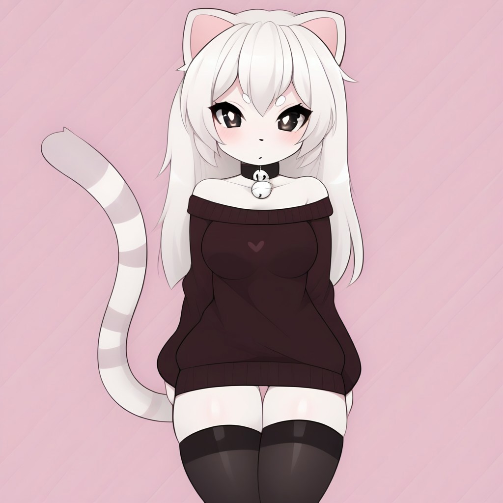 Naomi,  large eyes with gradient colors of pink, wearing an off-the-shoulder black sweater with a small heart detail, fur with light stripes, a choker necklace with a cute charm, cat tail, tail, 1tail, animal tail, black eyes, white skin, white hair, furry, perfect quality, masterpiece, best quality, 4K, Black stockings,Serious face, tall, 25 years , 
<lora:PonyMinimalStyle:1>,