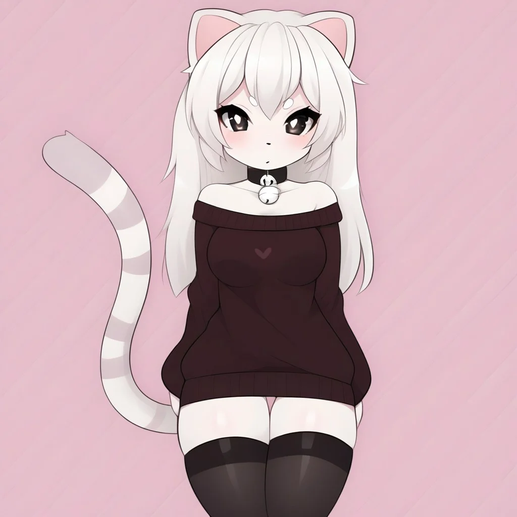 Naomi, large eyes with gradient colors of pink, wearing an off-the-shoulder black sweater with a small heart detail, fur with light stripes, a choker necklace with a cute charm, cat tail, tail, 1tail, animal tail, black eyes, white skin, white hair, furry, perfect quality, masterpiece, best quality, 4K, Black stockings,Serious face, tall, 25 years ,
<lora:PonyMinimalStyle:1>,
