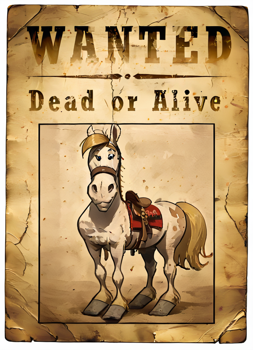 wantedposter of  ((jollyjumper)), white horse, blonde mane, smile,
 <lora:Wanted-Poster:0.85>  <lora:LuckyLukePony:0.8>