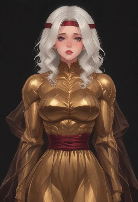 (score_9, score_8_up, score_7_up), source_anime, anime, female (dark red skin) white hair, burgundy eye color, black eye sclera, layered clothing, waist-high, black background, woman, forehead, headband (big breasts:1.2) (golden armor:1.1) (muscular body:1.8) white tight skin (fleshy lips:1.5) (thin waist:1.5).