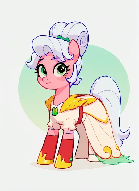 score_9, score_8_up, score_7_up, <lora:lunpiper:1>lunpiper , 1 girl , solo , white hair, doble high ponytail, double bun, green eyes, yellow Shoulder pads ,white dress, dress, red belt , red elbow gloves, yellow bracelet, looking at viewer, <lora:SyrupyyyArt:1>syrupyyy , (pony girl ,pony , horse girl,:1.1) all fours,