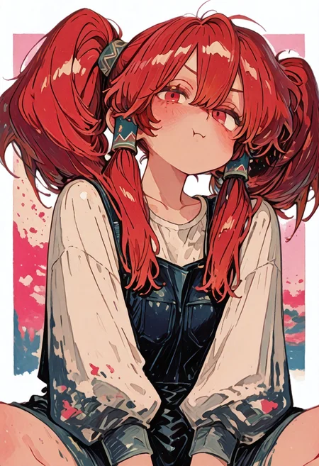 1girl, solo, looking at viewer,
Taru, hair tubes, big hair, red hair,
playful pout, expressive,

pink, white, blue,
painted_background,

Kenorland, kenorland, artist:moriimee, 748cmstyle, Bl3th3bn3_Styl3_SKNSFW, lazypos