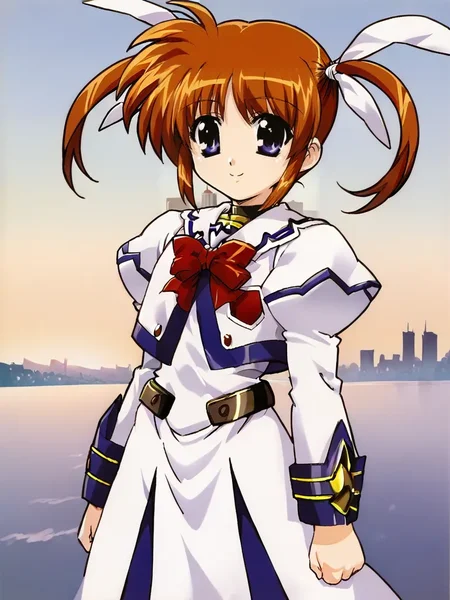 <lora:Nanoha_Takamachipony:1>
1girl, solo, takanano, magical girl, brown hair, twintails, purple eyes, standing, city, smile