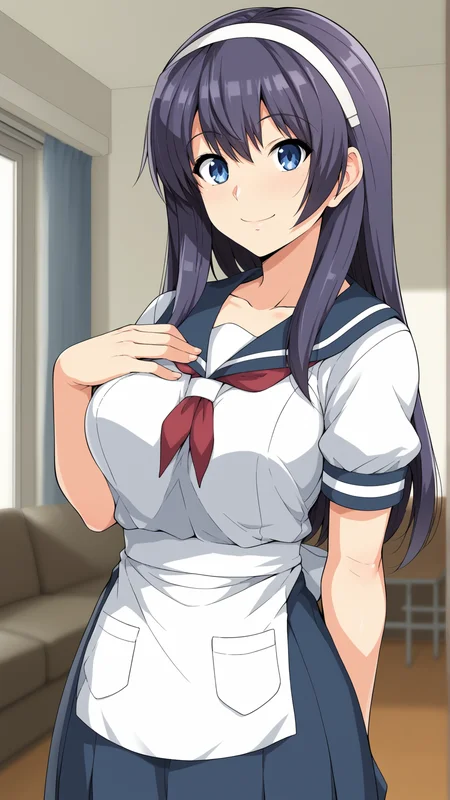 score_9, score_8_up, score_7_up, BREAK (source_anime:1.2), best quality, masterpiece, uncensored,ultra detailed,unreal engine 5,8k,studio lighting,in living room,
1girl,solo,seductive smile,
<lora:yuina_xl:1> yuina, long hair, blue eyes, hairband, purple hair,
standing,upper body, serafuku, apron