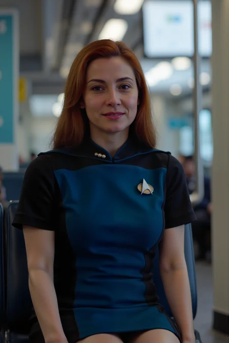 a high quality sharp photo still of a mature red haired woman wearing blue STSKNT uniform with black shoulders and sides and with short sleeves sitting comfortably on a bench in a subway.<lora:ST_SKANTV2_FLUX><lora:aidmaMJ6.1-FLUX-V0.1:0.6><lora:Movie_Portrait><lora:Flux DetailerV2>