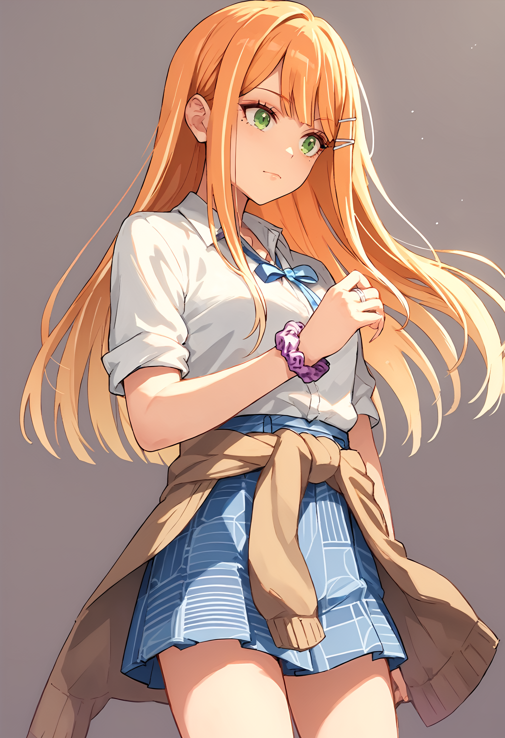(score_9, score_8_up, score_7_up), 1girl, shiun sumika, wrist scrunchie, bracelet, cowboy shot, simple background, <lora:gakuen-imPO-v2e-000008:0.9>