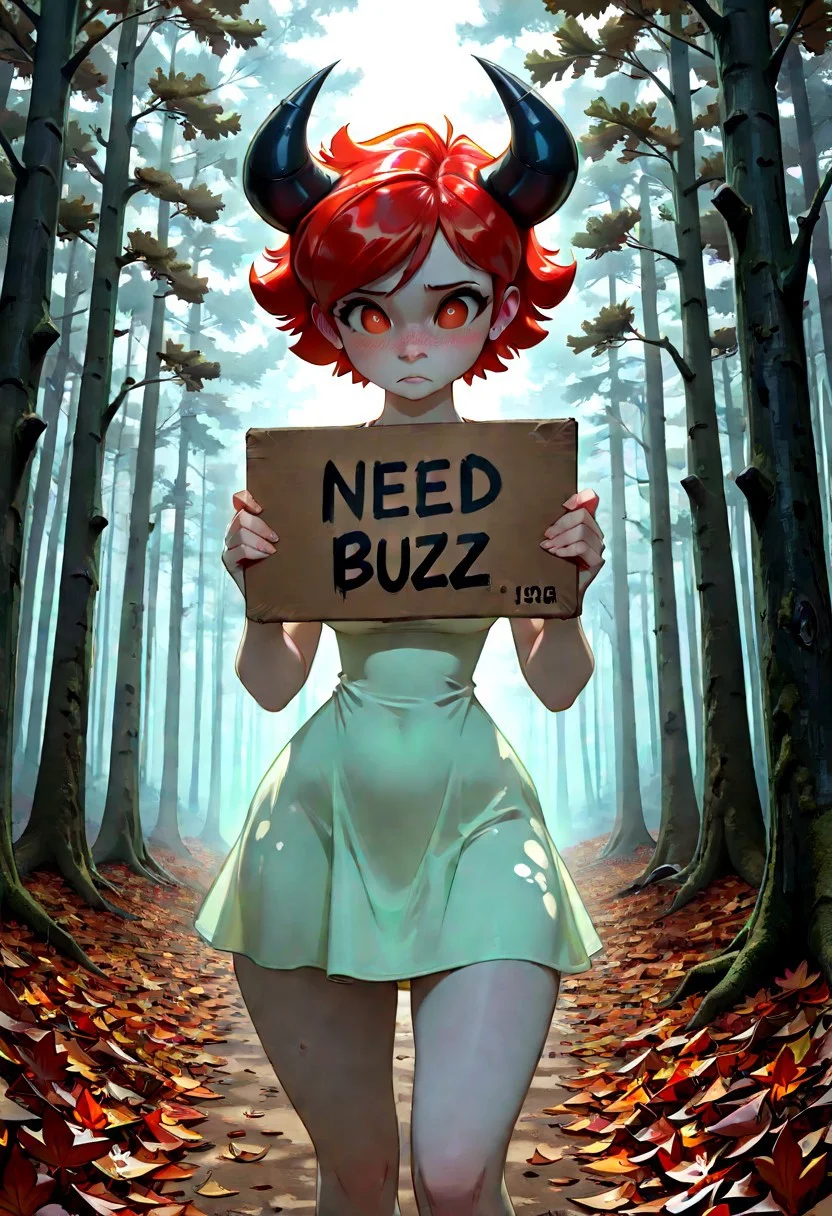 1 girl, devil horns, pixie cut red hair, freckles on face, freckles on body, soft body, gorgeous face, standing up, pale skin, light green sundress, short dress, cute dress, shy, amber eyes, empty eyes, (white pupils:1.1) BREAK ((((buzz, holding sign with text, "Need Buzz"))))
forest, oak trees, maple trees, birch trees, moss, fallen leaves, god rays, dappled sunlight, dramatic lighting, cinematic lighting, chiaroscuro, soft fog, absurdres, masterpiece, bestquality, highres, BREAK huffslove, grimdevil, jjco, telepurte-style,