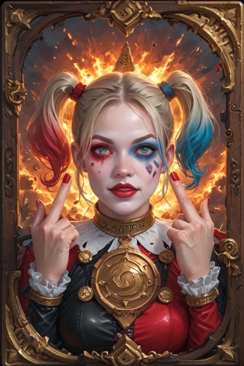 score_9,score_8_up,score_7_up,
hyper-detailed, masterpiece, best quality,realistic details,
cards, tarot, graphic frame, illustrative, obsidian, skeuomorphism, detailed, upper body, Harley Quinn from DC, colored smoke, guns, bullets, explosives, birthday firecrackers, middle finger,
<lora:sdxl_lightning_8step_lora:1>
<lora:DM_CB:1>
glowneon<lora:glowneon_xl_v1:1>