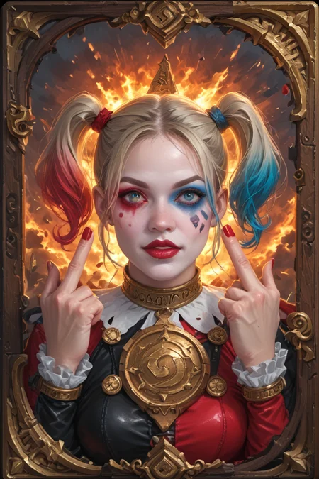 score_9,score_8_up,score_7_up,
hyper-detailed, masterpiece, best quality,realistic details,
cards, tarot, graphic frame, illustrative, obsidian, skeuomorphism, detailed, upper body, Harley Quinn from DC, colored smoke, guns, bullets, explosives, birthday firecrackers, middle finger,
<lora:sdxl_lightning_8step_lora:1>
<lora:DM_CB:1>
glowneon<lora:glowneon_xl_v1:1>